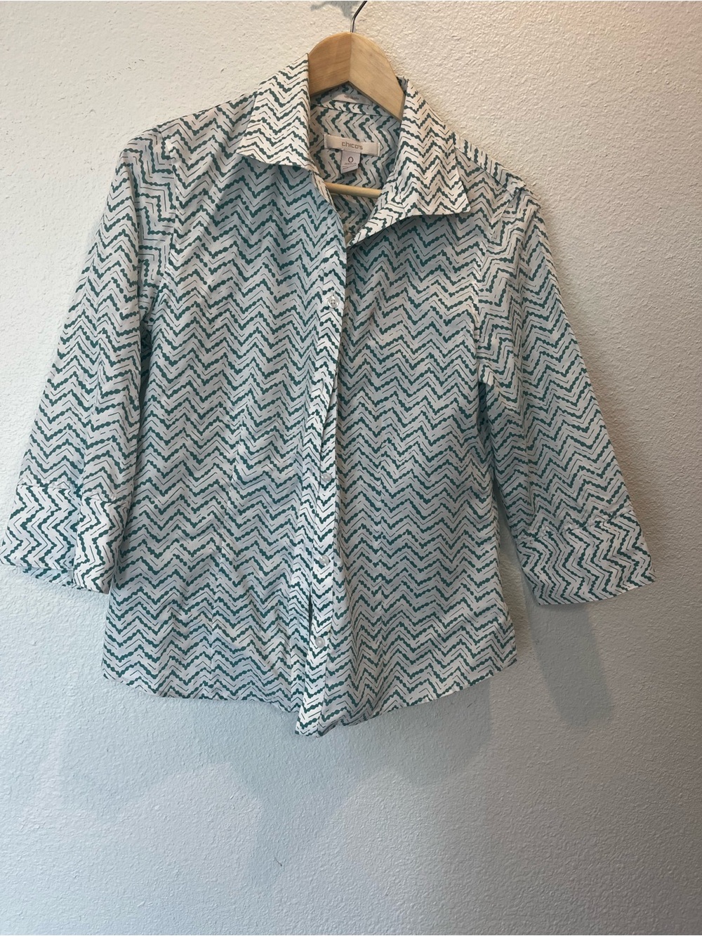 Chico's White and Teal Zigzag Button-Down Shirt